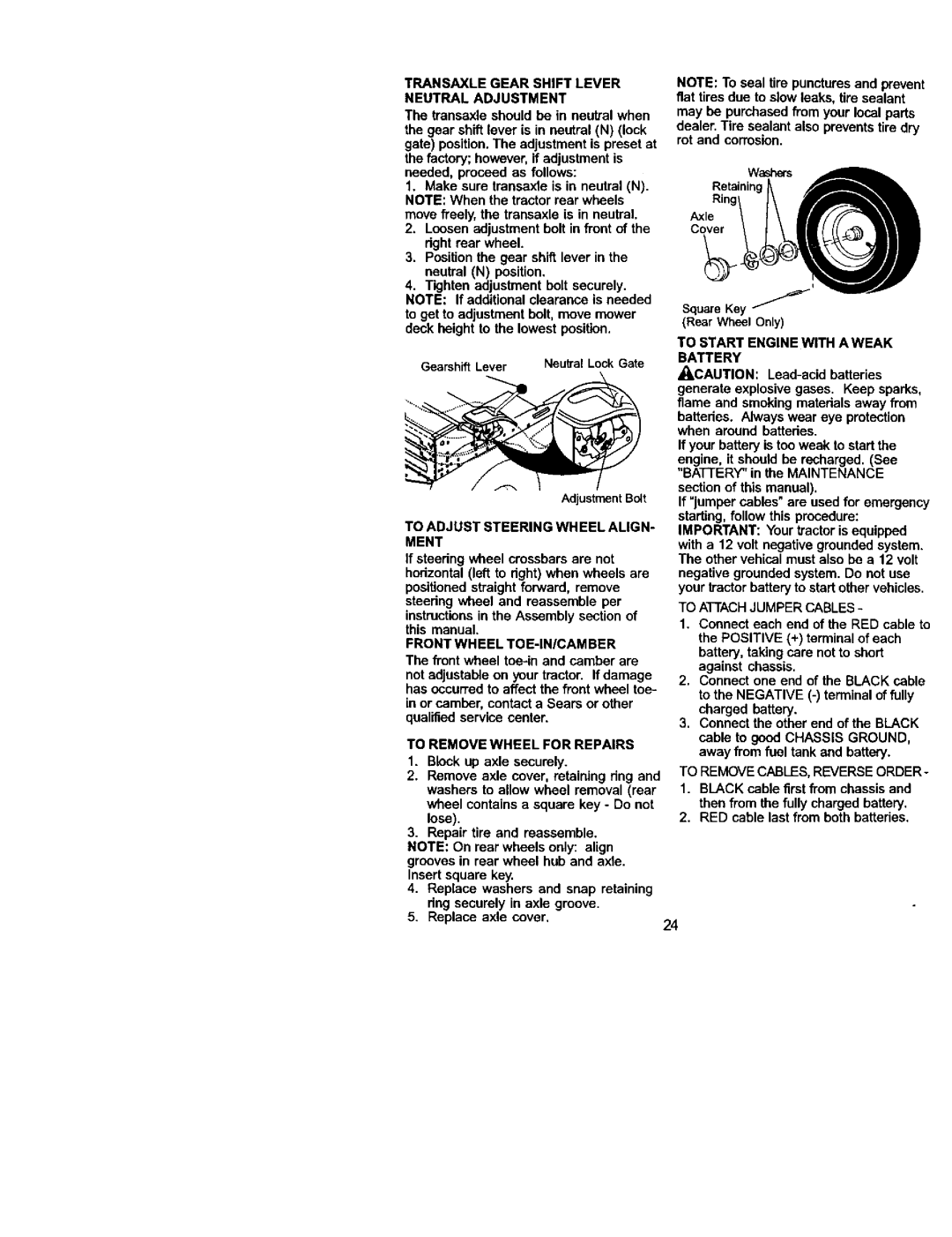 Craftsman 917.272054 owner manual Transaxle Gear Shift Lever Neutral Adjustment, To Start Engine with a Weak Battery 