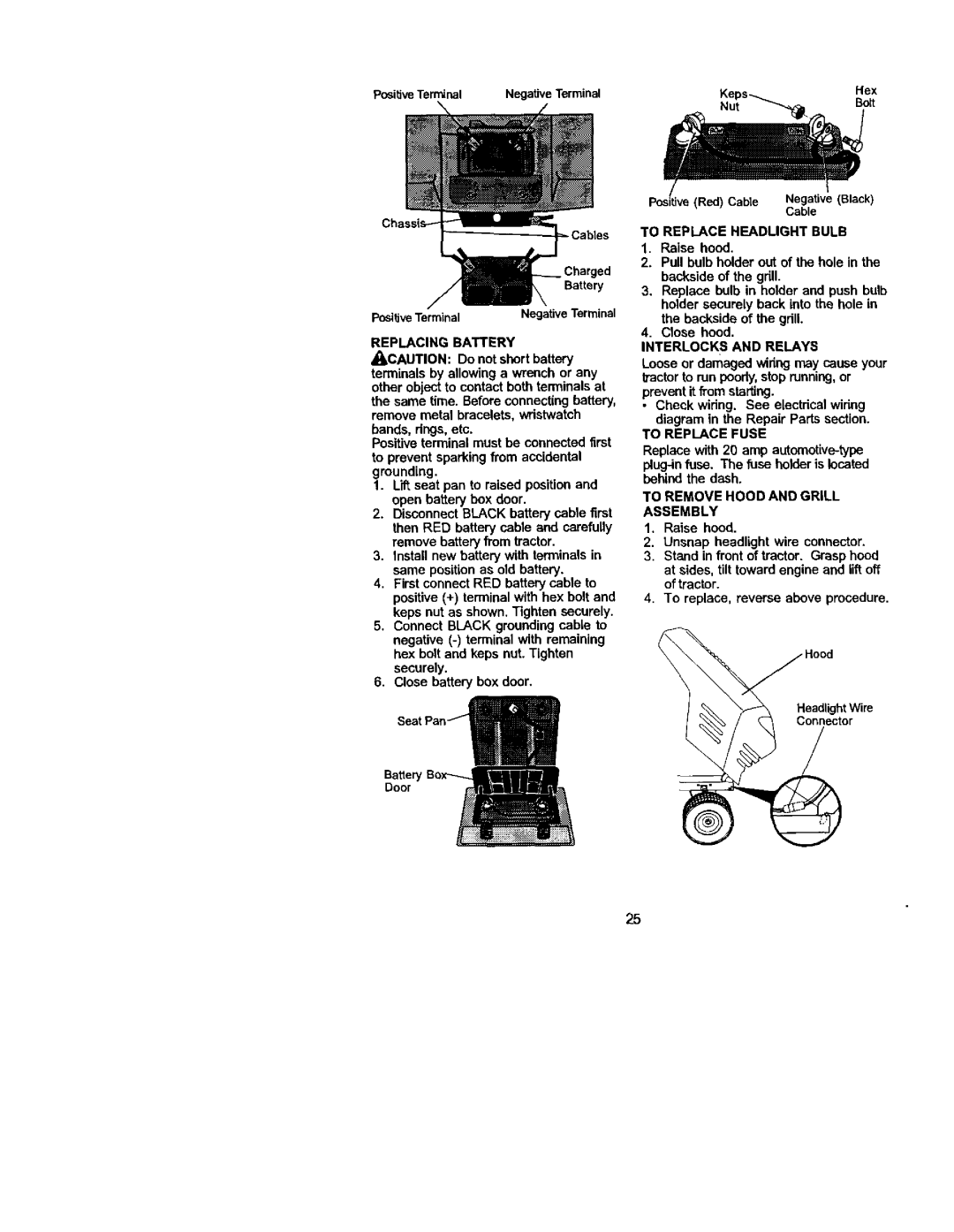 Craftsman 917.272054 owner manual Replacing Battery, To Replace Headlight Bulb, Interlocks and Relays, To Replace Fuse 