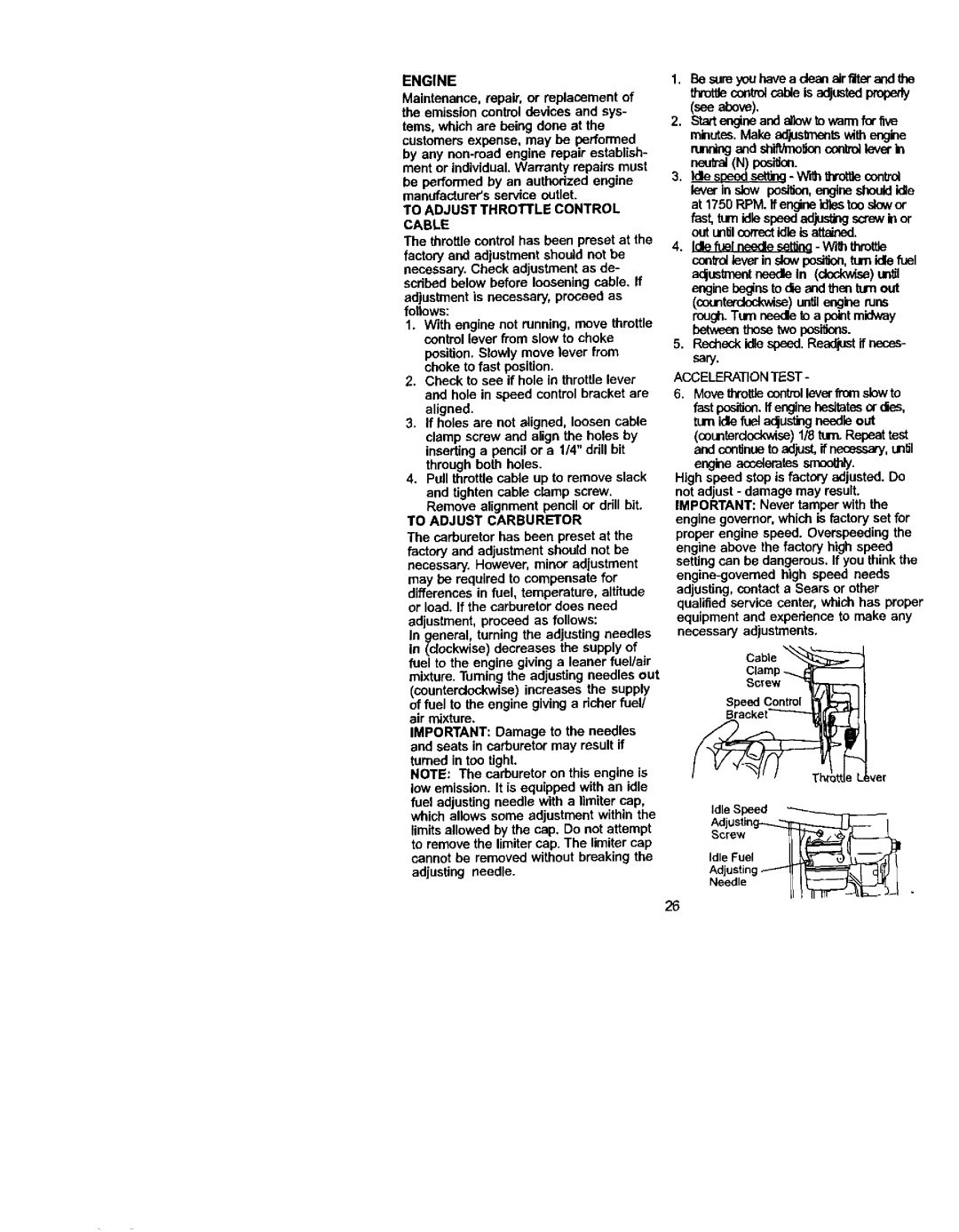 Craftsman 917.272054 owner manual To Adjust Throttle Control Cable, To Adjust Carburetor 