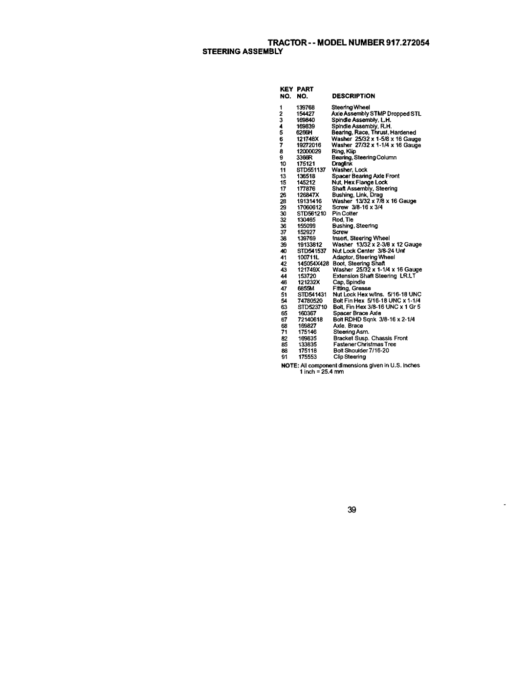 Craftsman owner manual TRACTOR- Model Number 917.272054 Steeringassembly, KEY Part NO. NO.DESCRIPTION 