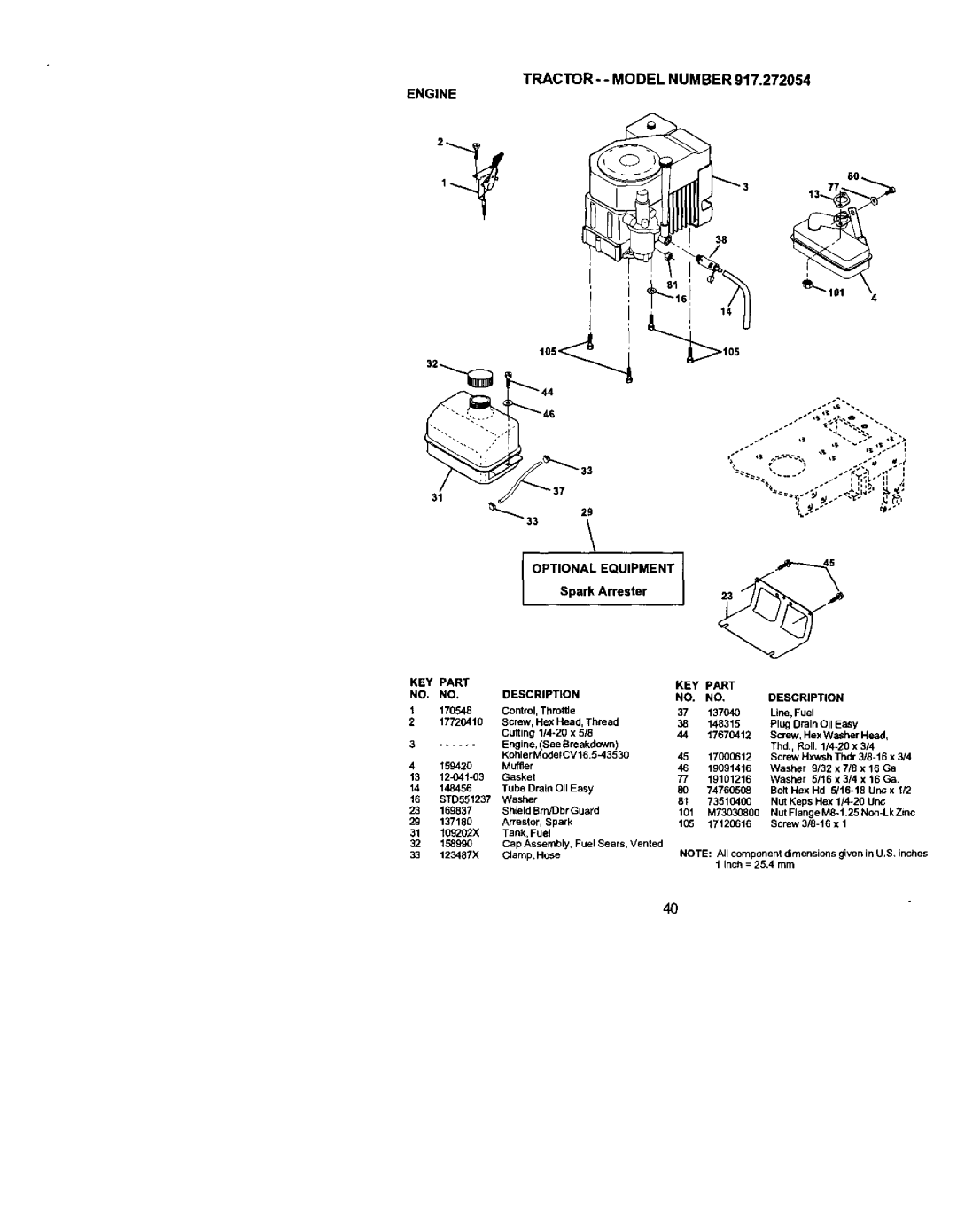 Craftsman owner manual TRACTOR--MODELNUMBER917.272054 Engine, KEY Part Description 