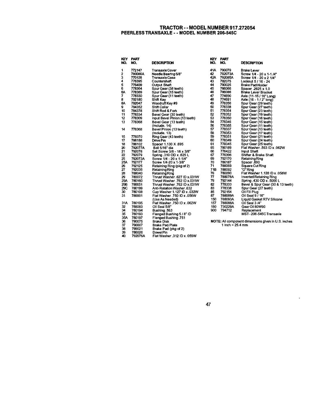 Craftsman owner manual TRACTOR--MODELNUMBER917.272054, PEERLESSTRANSAXLE- Model NUMBER206-545C, Ring, Oil Seal 9 1 