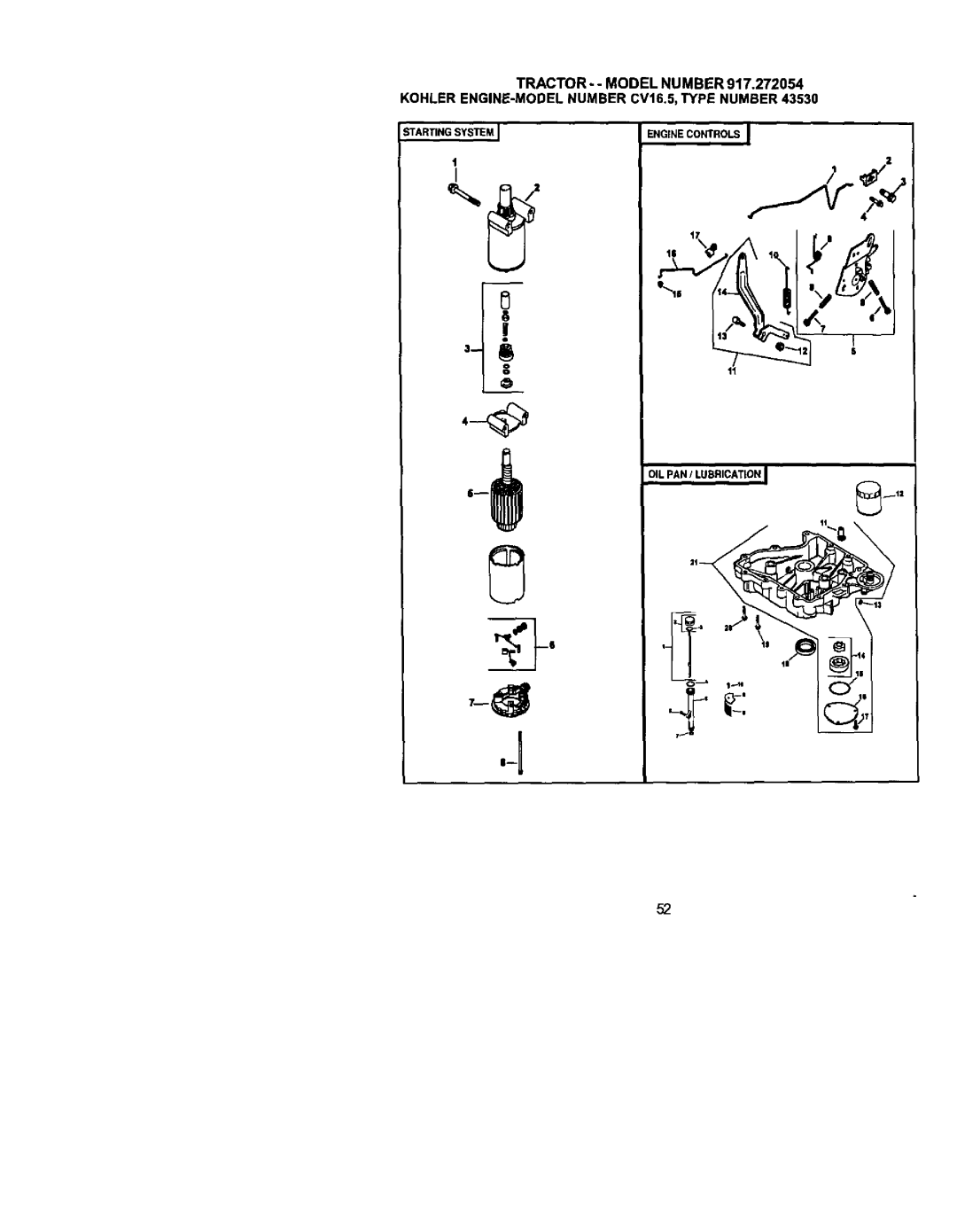 Craftsman 917.272054 owner manual Starting System Engine Controls OIL PAN / Lubrication 