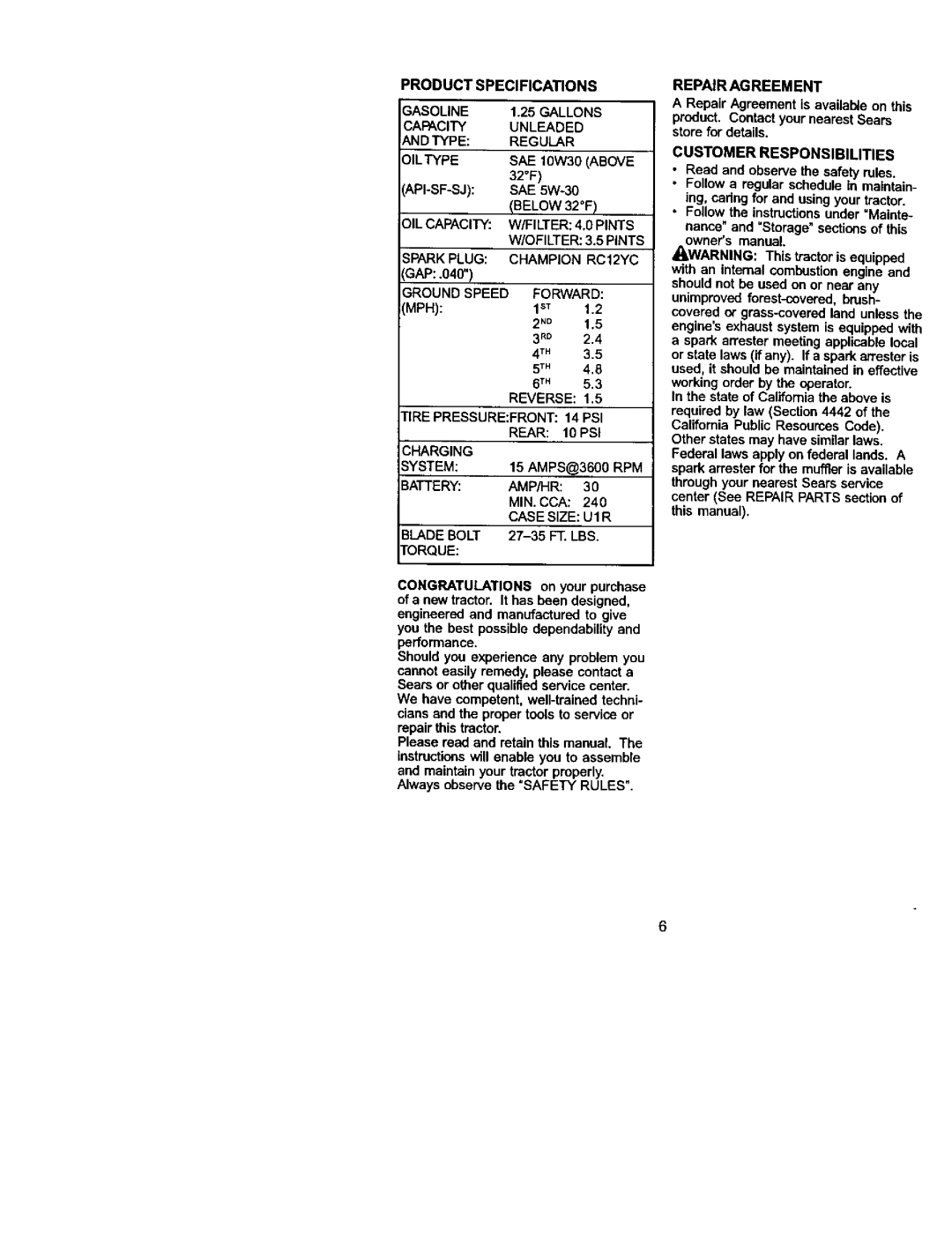 Craftsman 917.272054 owner manual Productspecifications 