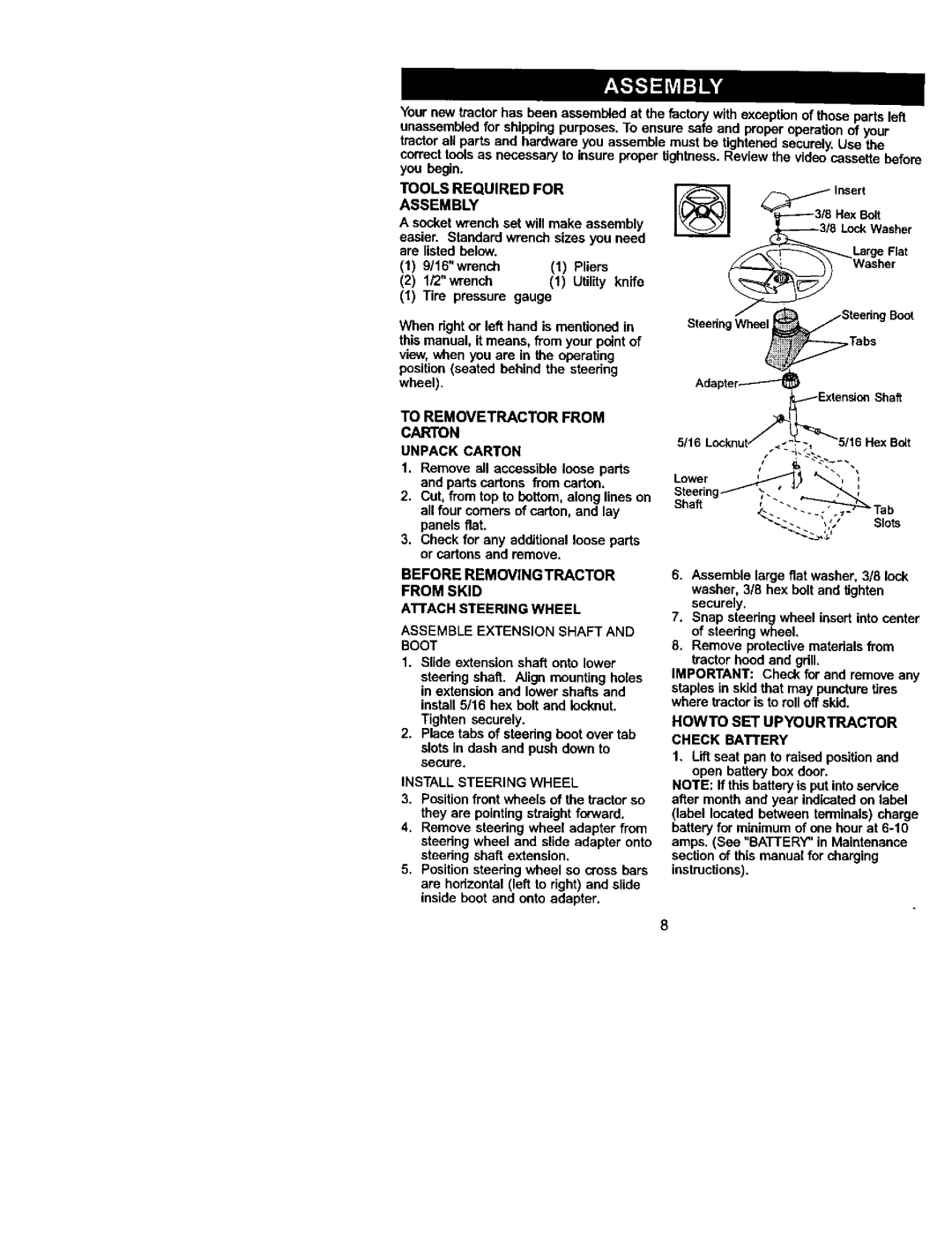 Craftsman 917.272054 owner manual Before Removing Tractor from Skid Attachsteeringwheel 