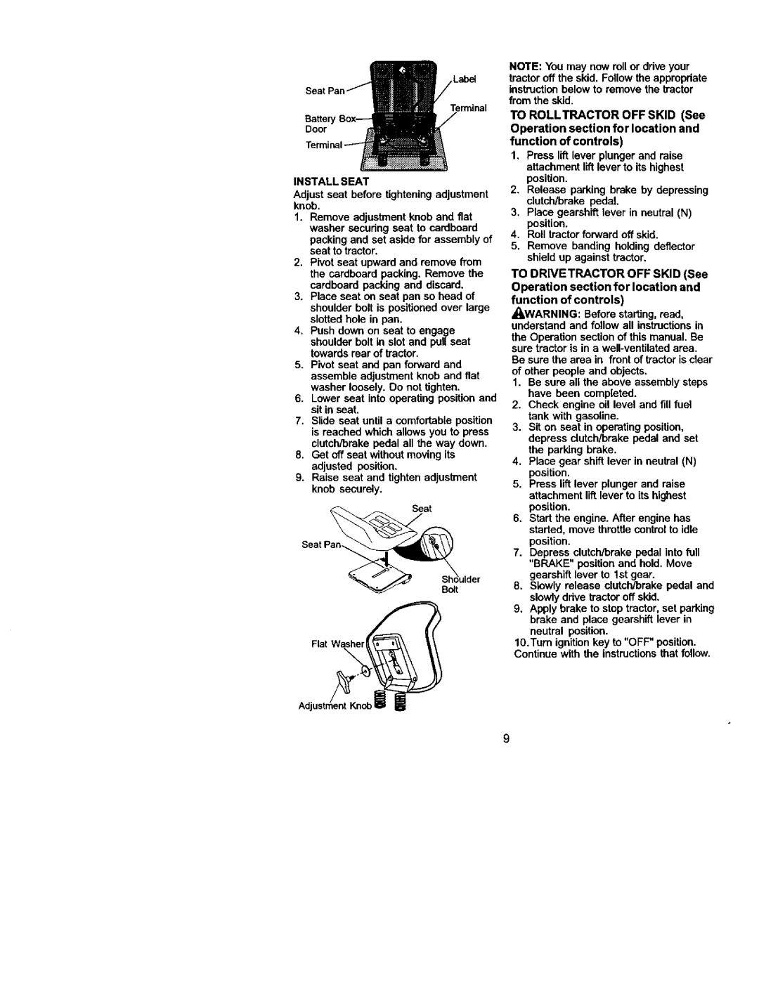 Craftsman 917.272054 owner manual Install Seat, Lower seat into operating position and sit in seat 