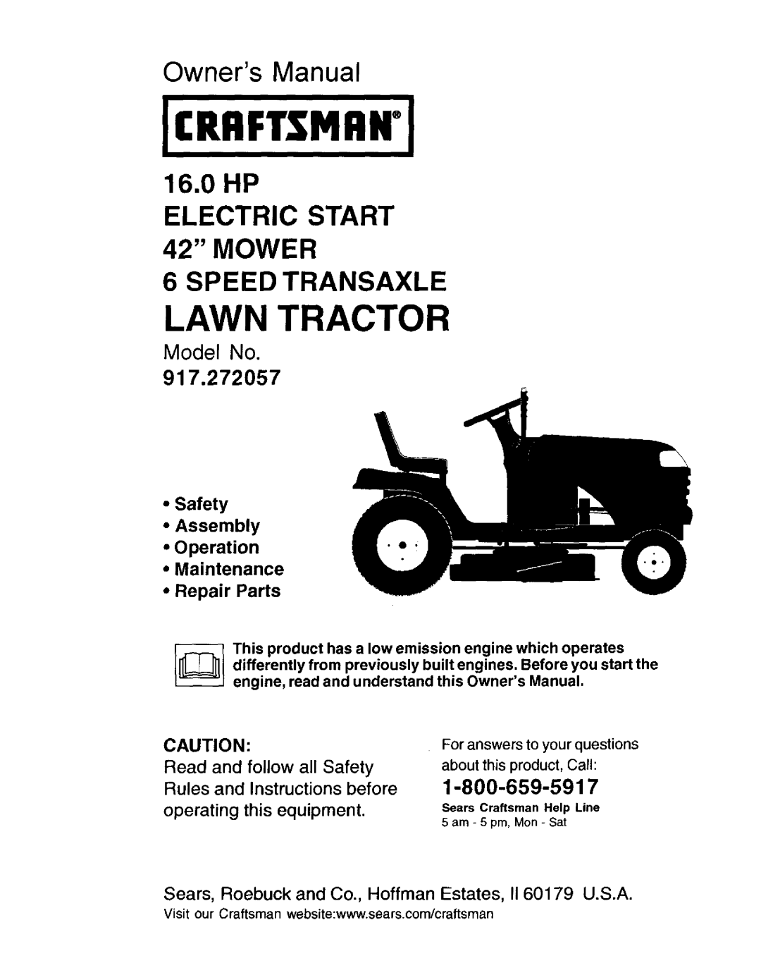 Craftsman 917.272057 owner manual Lawn Tractor, Sears Craftsman Help Line 5 am 5 pro, Mon- Sat 