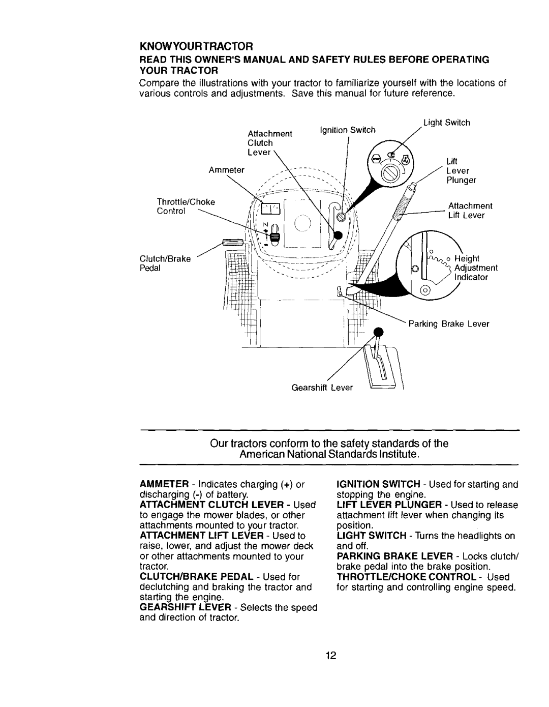 Craftsman 917.272057 owner manual Knowyourtractor, Lift, Attachment Clutch Lever Used, Parking Brake Lever Locks clutch 