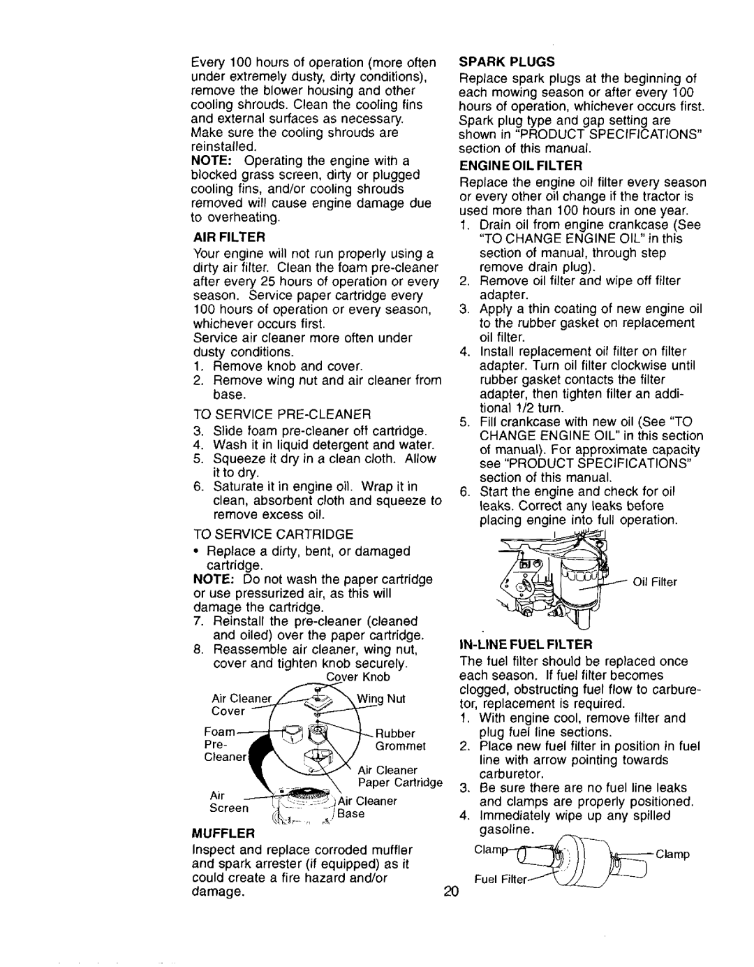 Craftsman 917.272057 owner manual AIR Filter, Spark Plugs, Engine OIL Filter, Muffler, IN-LINE Fuel Filter 