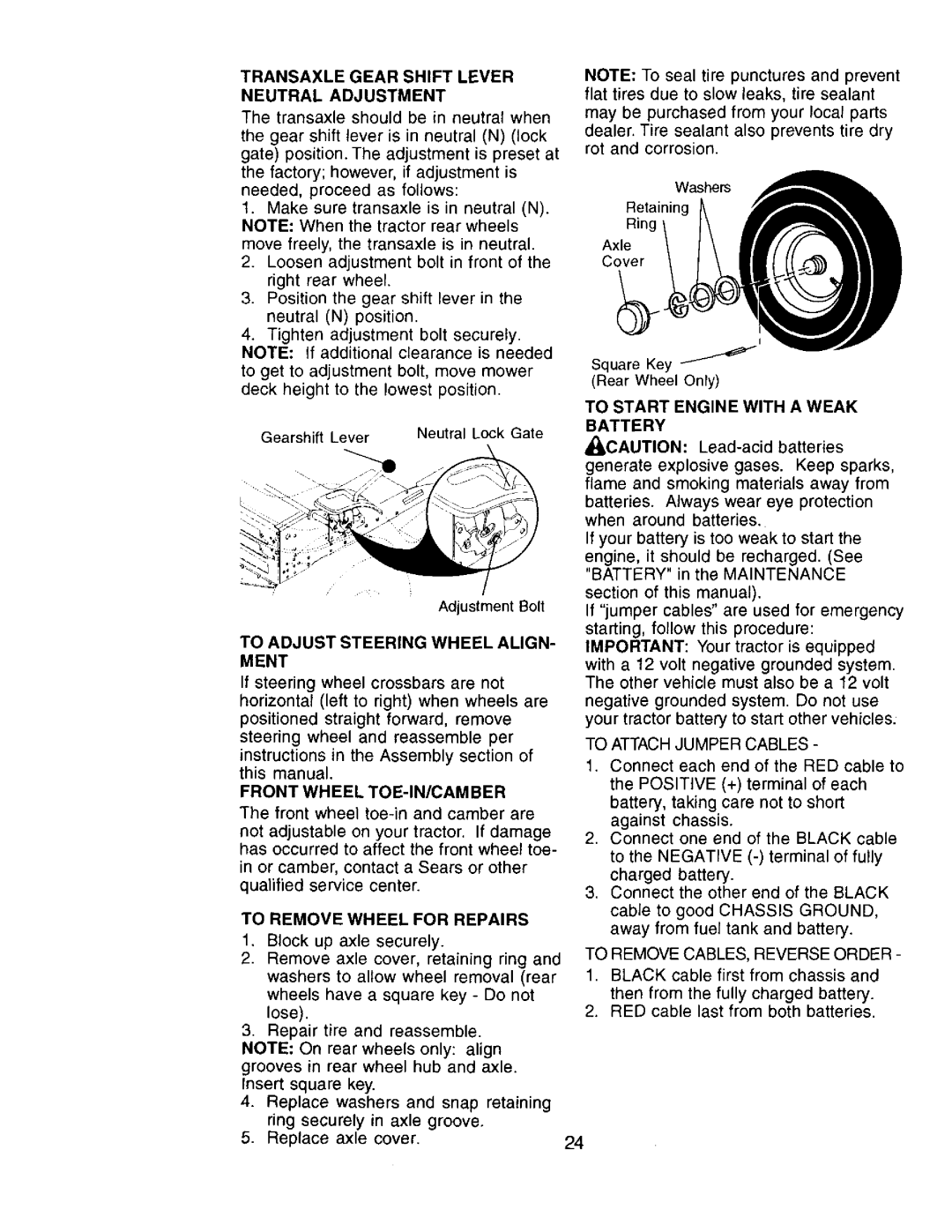 Craftsman 917.272057 owner manual Transaxle Gear Shift Lever Neutral Adjustment, To Start Engine with a Weak Battery 