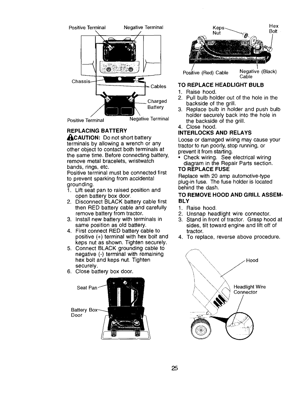 Craftsman 917.272057 owner manual Replacing Battery, To Replace Headlight Bulb, Interlocks and Relays, To Replace Fuse 