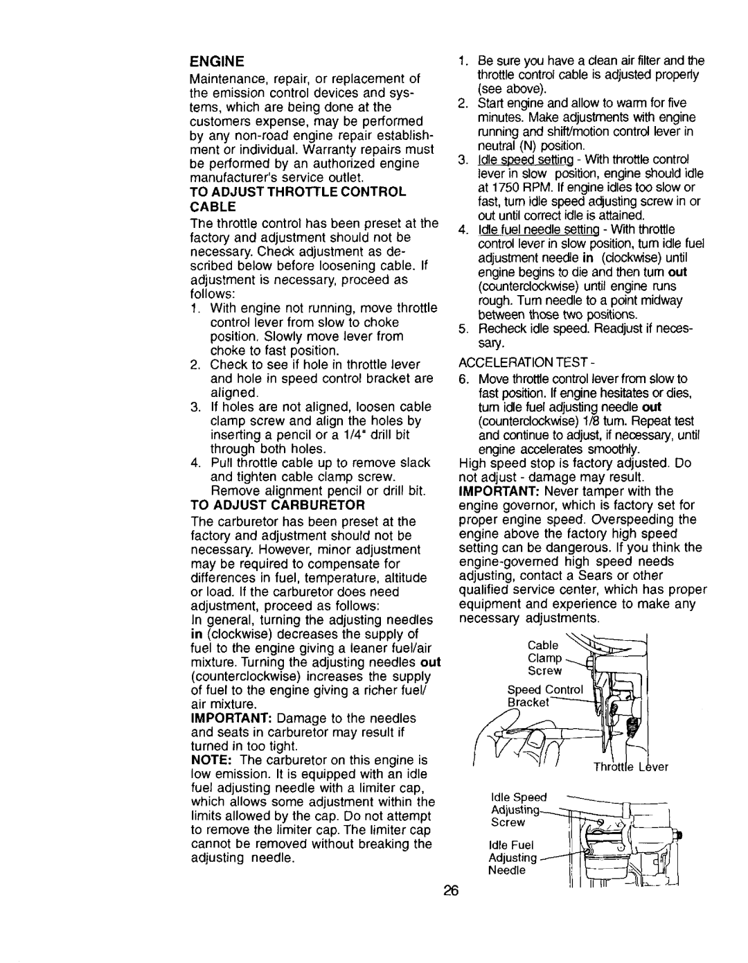 Craftsman 917.272057 Engine, To Adjust Throttle Control Cable, To Adjust Carburetor, Acceleration Test, Needle Li I Iiij 