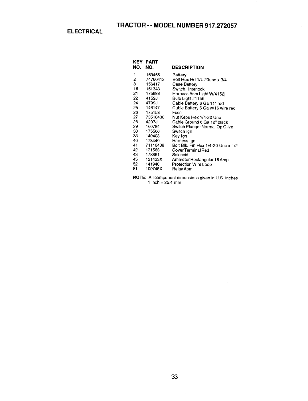 Craftsman 917.272057 owner manual Tractor -- Model Number Electrical, Bolt Hex Hd 1/4-20unc x 3/4 