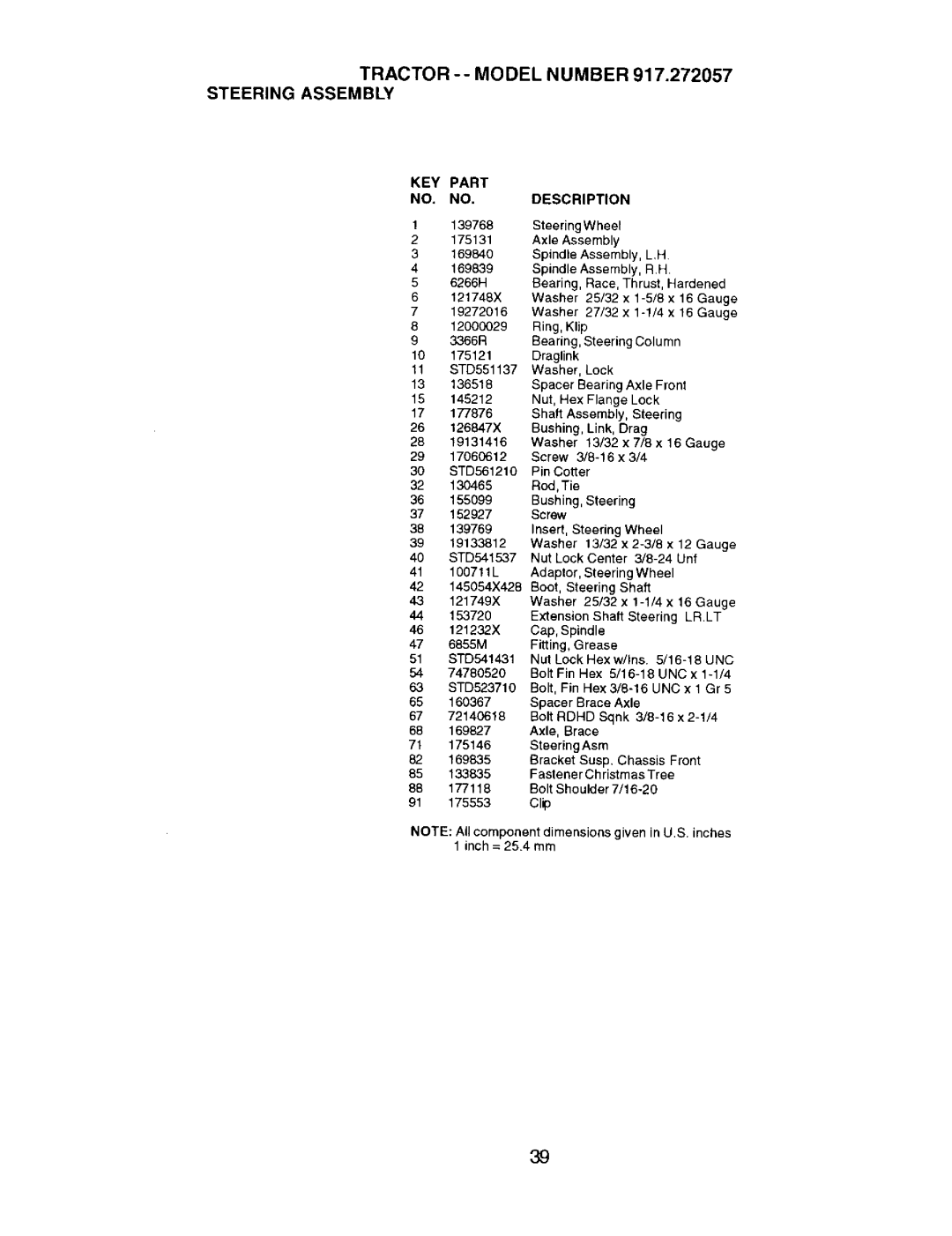 Craftsman owner manual TRACTOR-- Model Number 917.272057 Steering Assembly, SteeringWheel 175131, 32 130465 Sod, Tie 