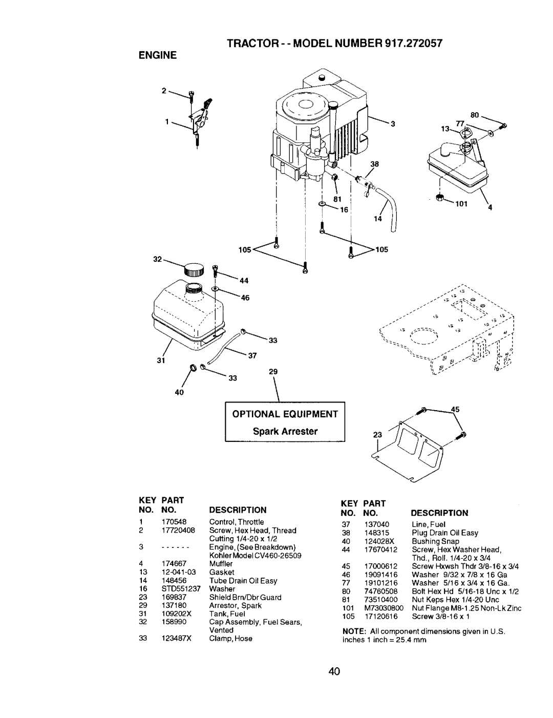 Craftsman 917.272057 owner manual TRACTOR-- Model Number Engine, Optional Equipment, Spark Arrester, Line, Fuel 