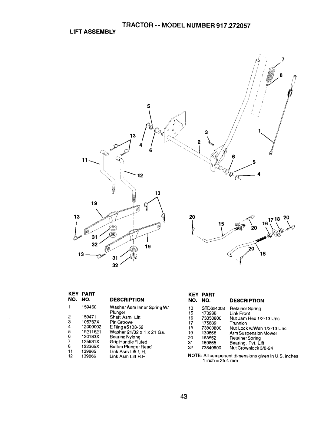 Craftsman 917.272057 owner manual Tractor - Model Number Lift Assembly, 159460 