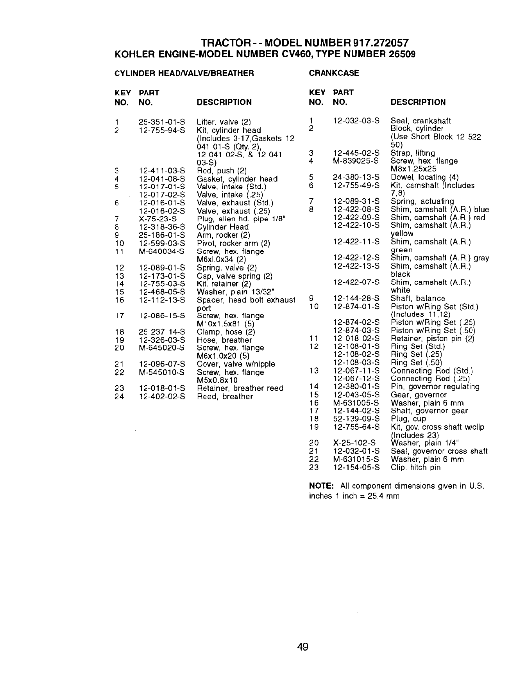 Craftsman 917.272057 owner manual KEY Part Description, Valve, Exhaust, 12-018-01-S, Shim, camshaft AR 