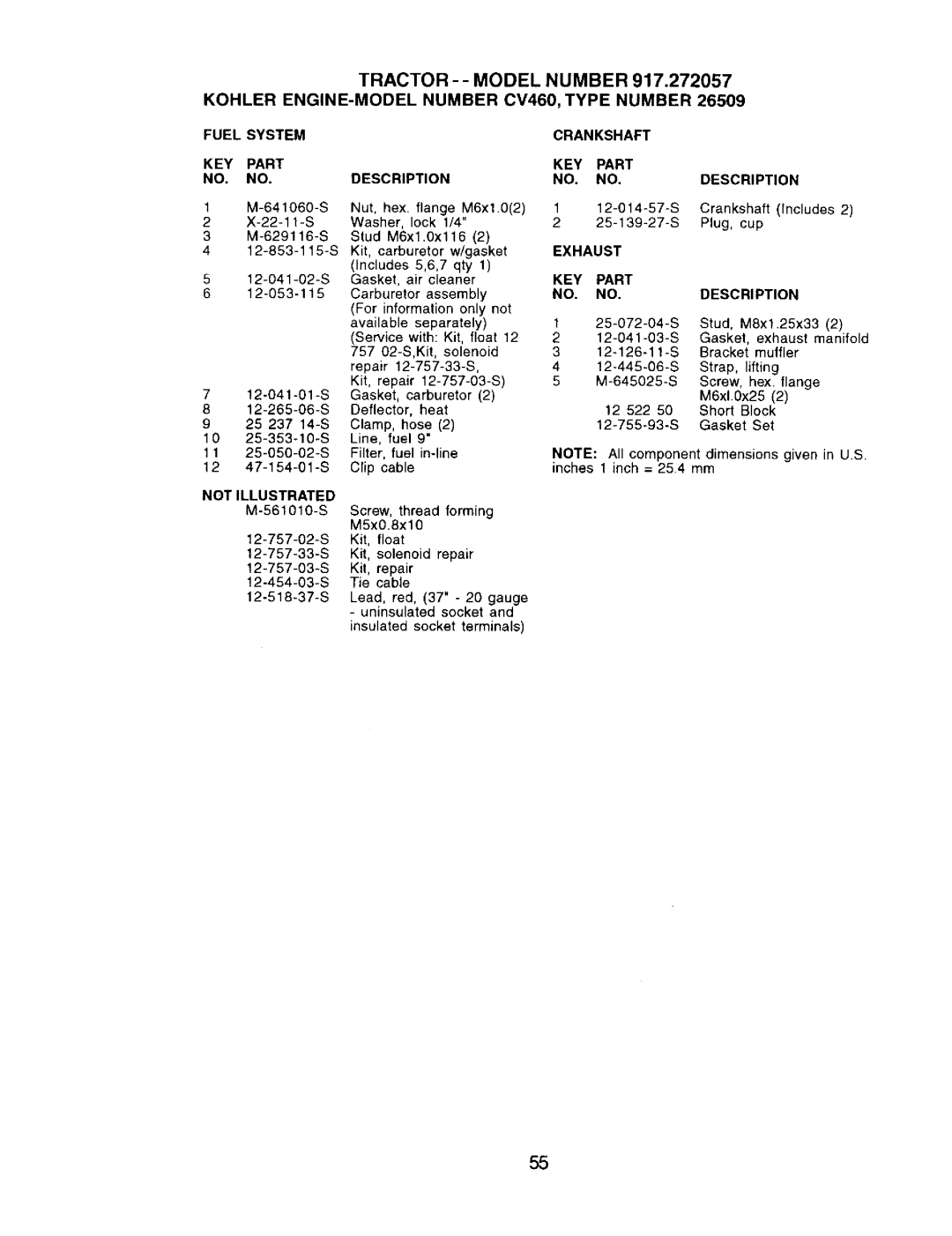 Craftsman 917.272057 owner manual KEY Part NO. no, 12-041-03-S 