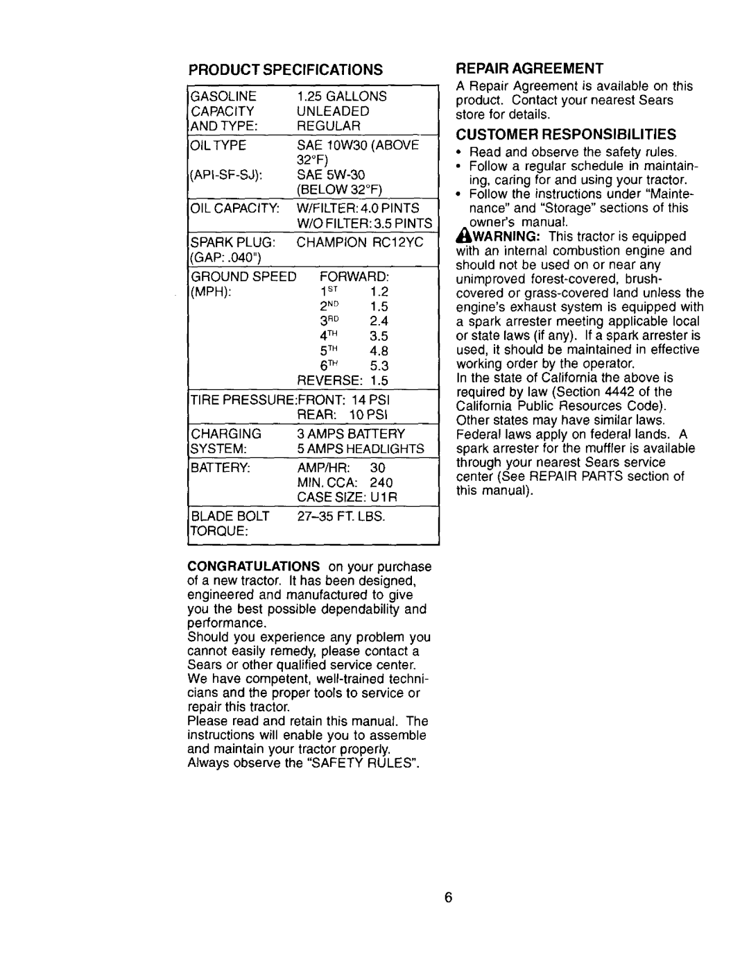 Craftsman 917.272057 owner manual Repair Agreement, Product Specifications, Filter Pints Filter 3.5 Pints, Gap 