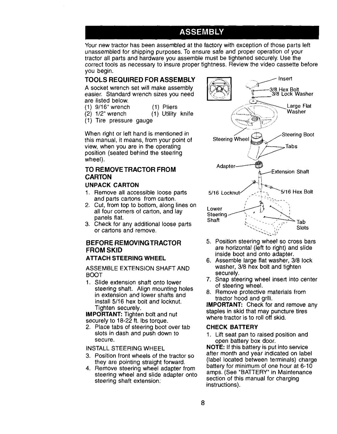 Craftsman 917.272057 owner manual Tools Required for Assembly, Before Removingtractor, Attach Steering Wheel, Unpack Carton 