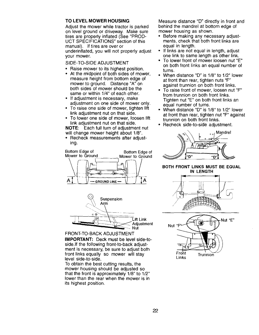 Craftsman 917.272057 owner manual To Level Mower Housing, Both Front Links Must Be Equal In Length 