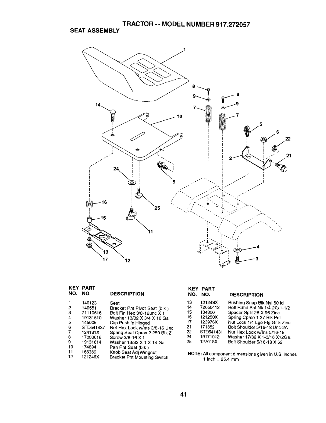 Craftsman 917.272057 owner manual Tractor - - Model Number Seat Assembly, Key Part, Description 