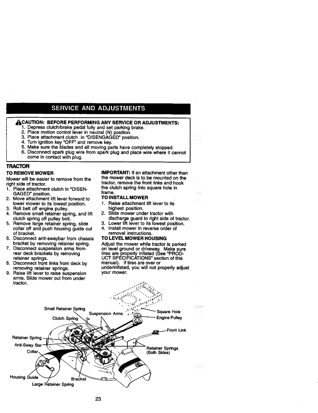 Craftsman 917.27206 owner manual Tractor, To Remove Mower, To Install Mower, To Level Mower Housing 