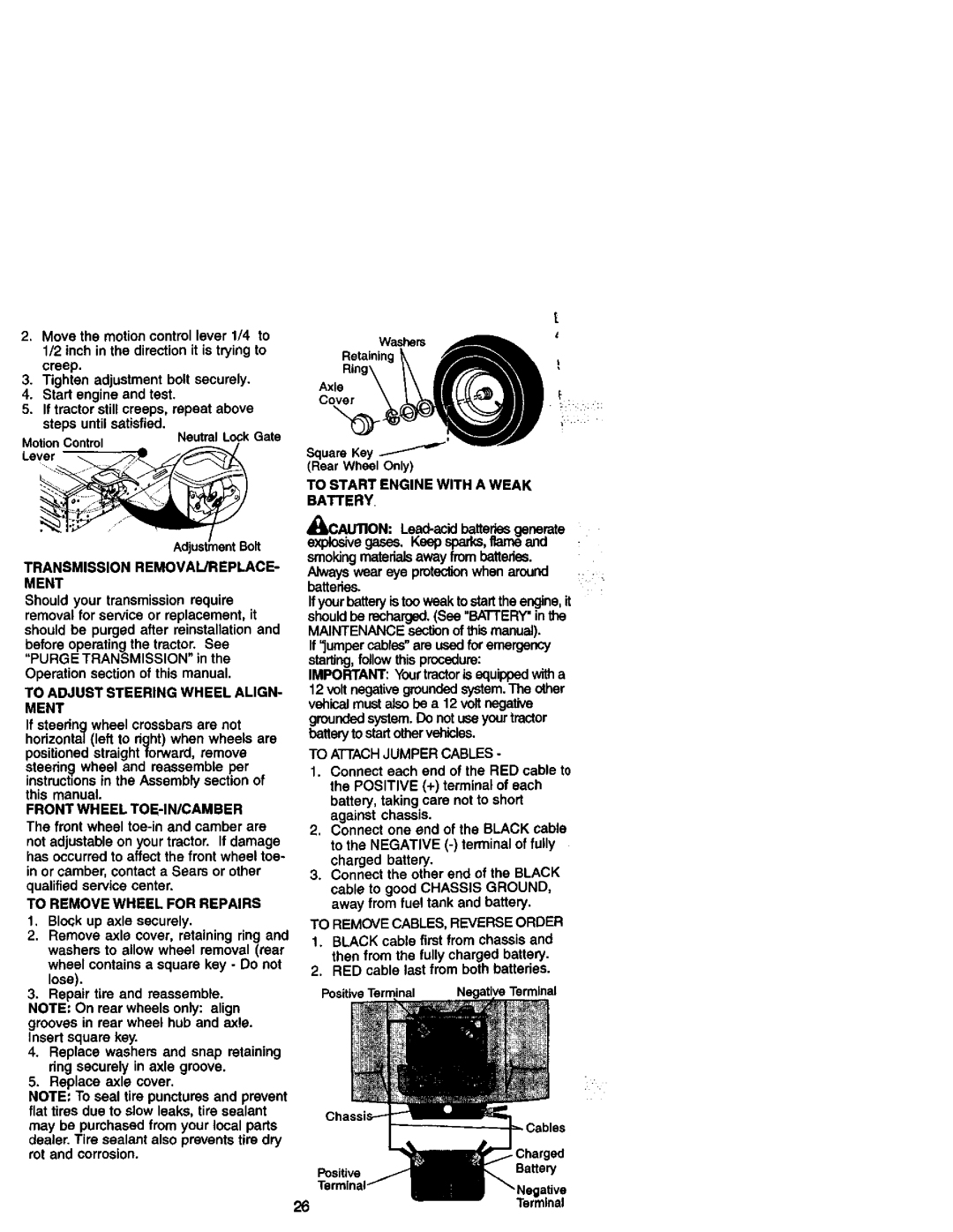 Craftsman 917.27206 owner manual To Attachjumpercables, To REMOVECABLES,REVERSEORDER 