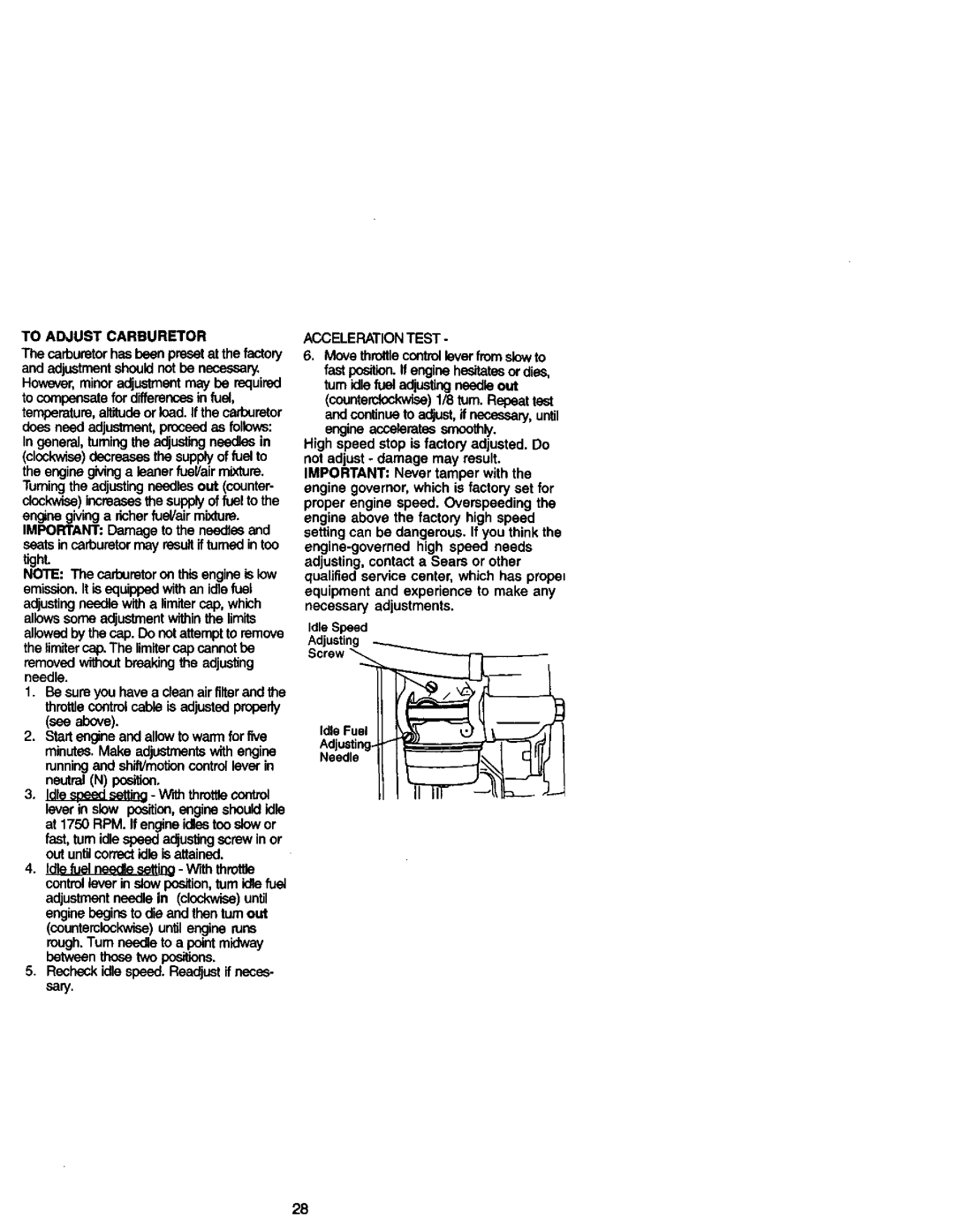 Craftsman 917.27206 owner manual To Adjust Carburetor, Accelerationtest 