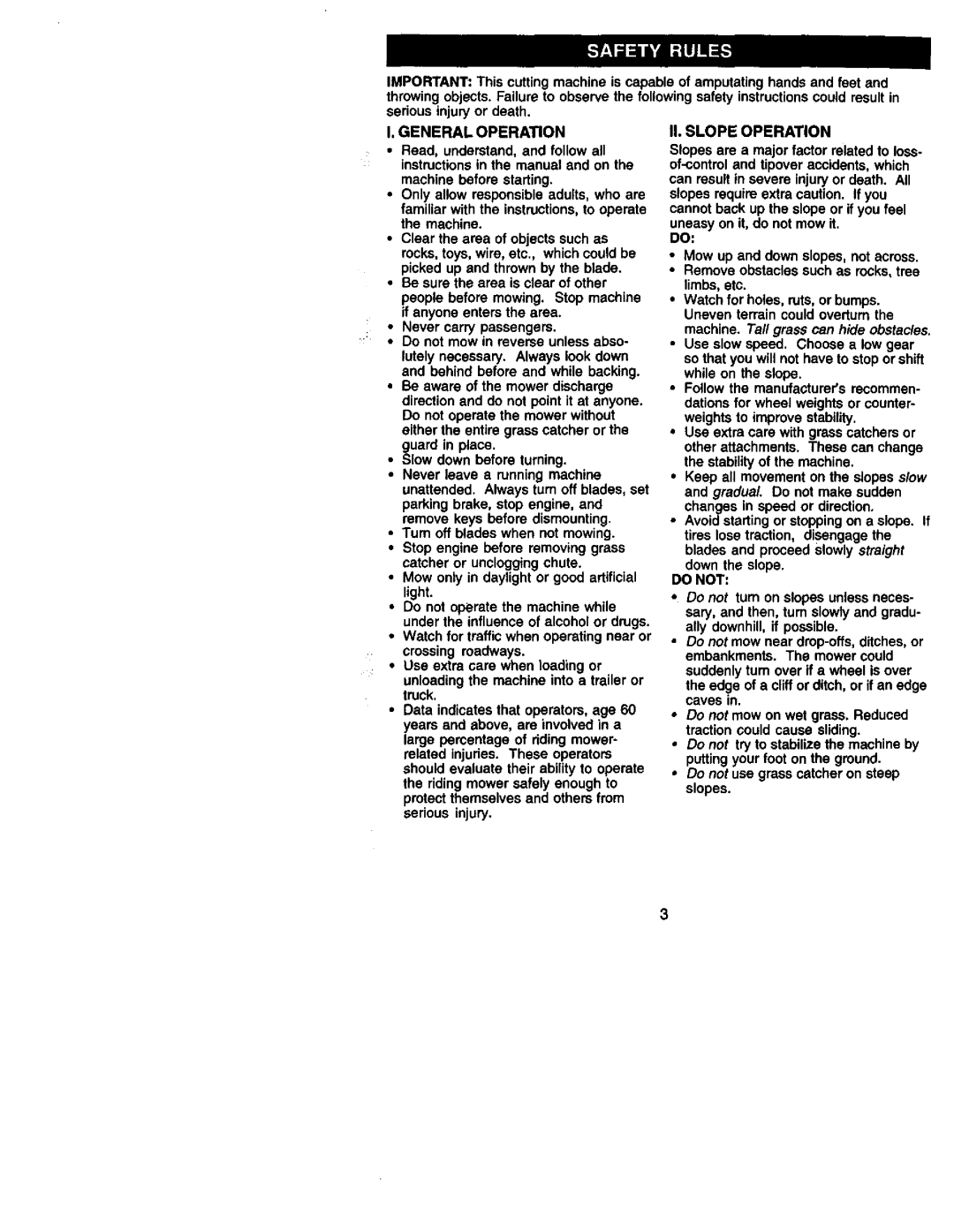 Craftsman 917.27206 owner manual Do not, General Operation, II. Slope Operation 