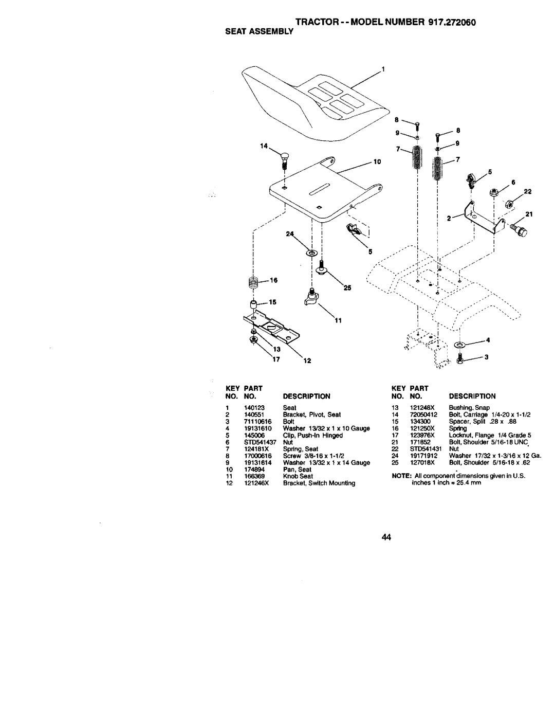 Craftsman 917.27206 owner manual Tractor -- Model Number Seat Assembly, KEY Part Description 