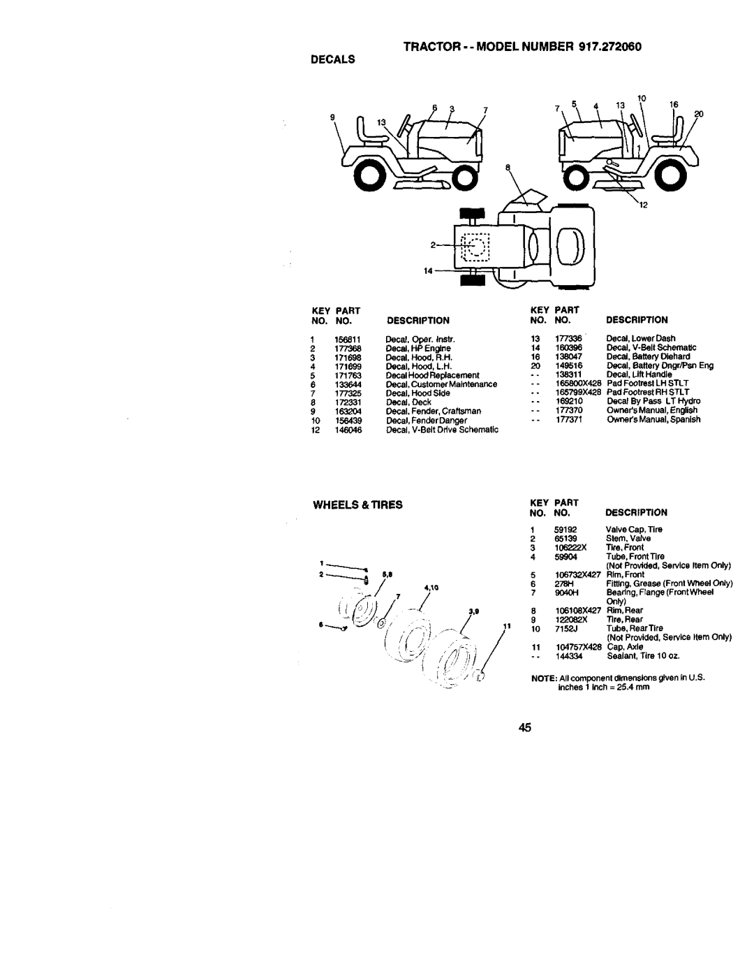 Craftsman 917.27206 owner manual TRACTOR- -MODELNUMBER Decals, Wheels &TIRES KEY Part Description NO. no 