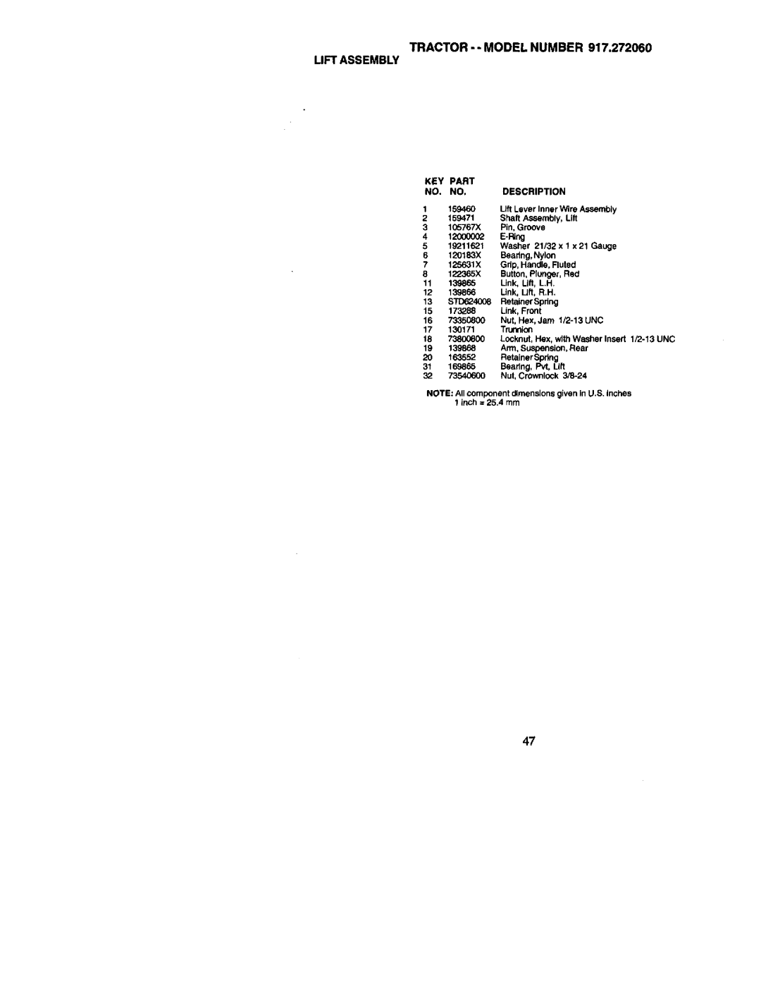 Craftsman 917.27206 owner manual TRACTOR- Model Number Lift Assembly, KEY Part NO. NO,DESCRIPTION 