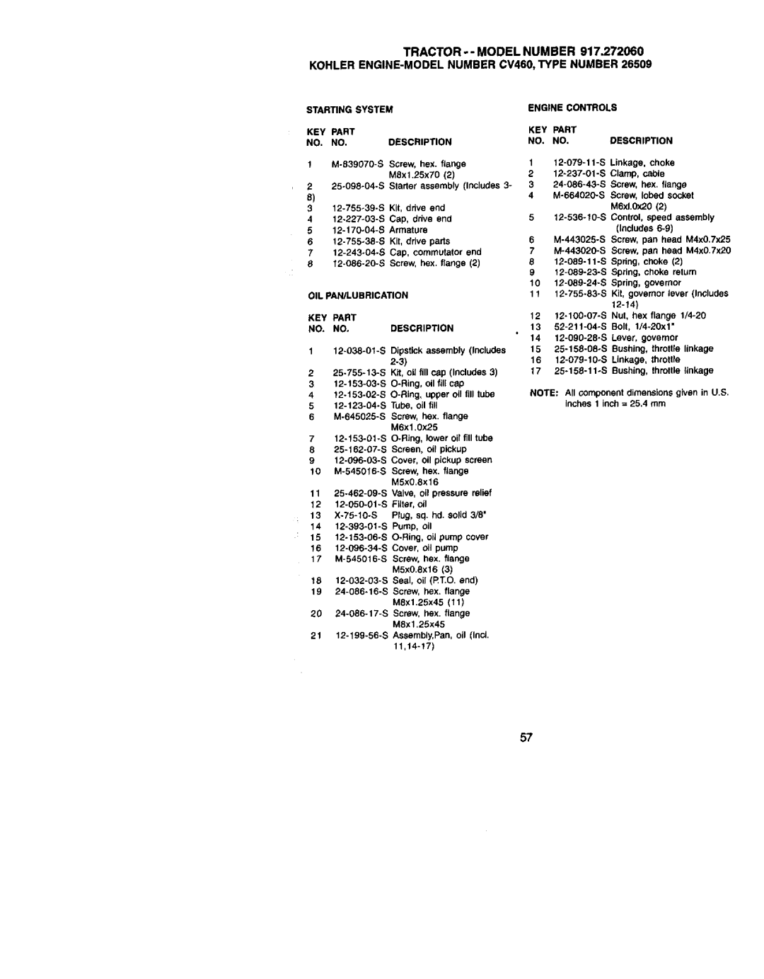 Craftsman 917.27206 owner manual Starting System KEY Part Description, OIL PAN/LUBRICATION KEY Part NO. NO,DESCRIPTION 