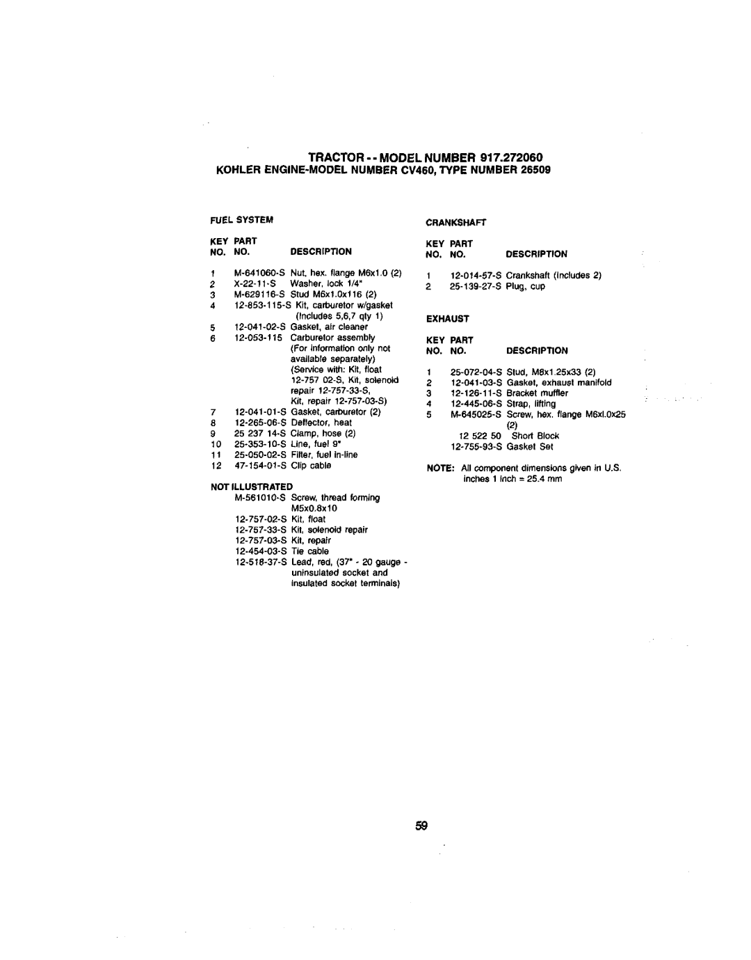 Craftsman 917.27206 Fuel System KEY Part Description, Crankshaft KEY Part Description, Exhaust KEY Part Description 