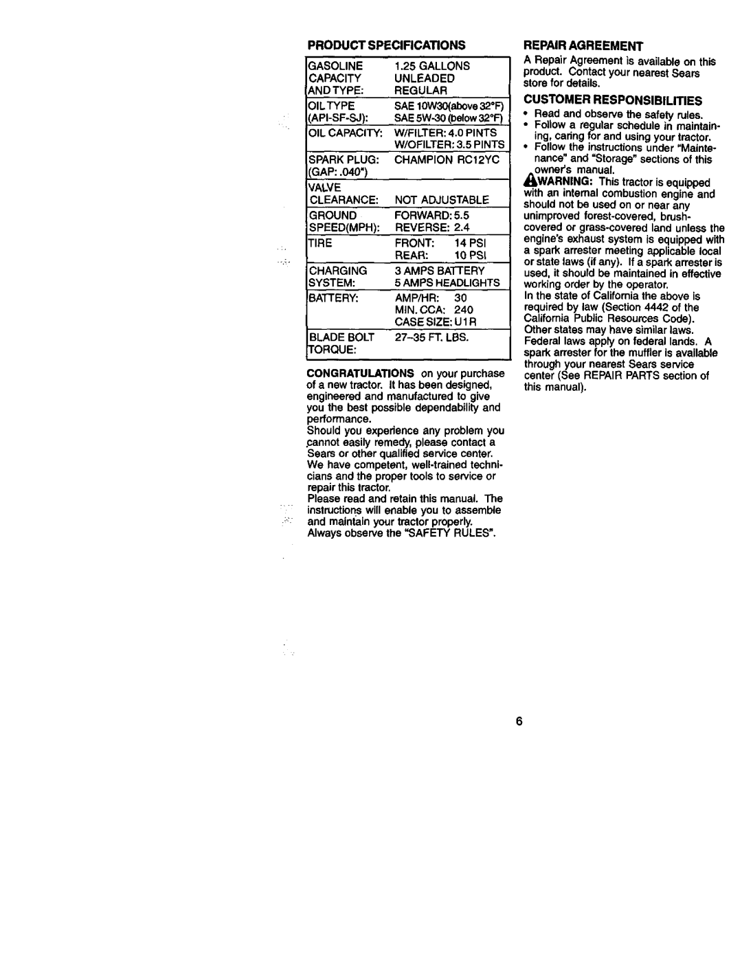 Craftsman 917.27206 owner manual Product Specifications, Repair Agreement, Customer Responsibilities 