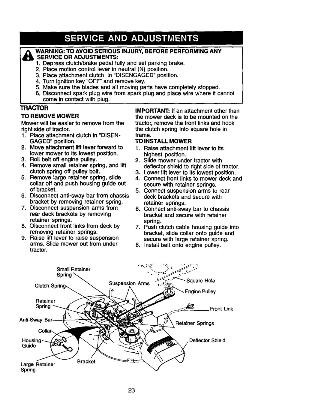 Craftsman 917.2720601 manual Tractor, To Remove Mower, To Install Mower, Pulley 