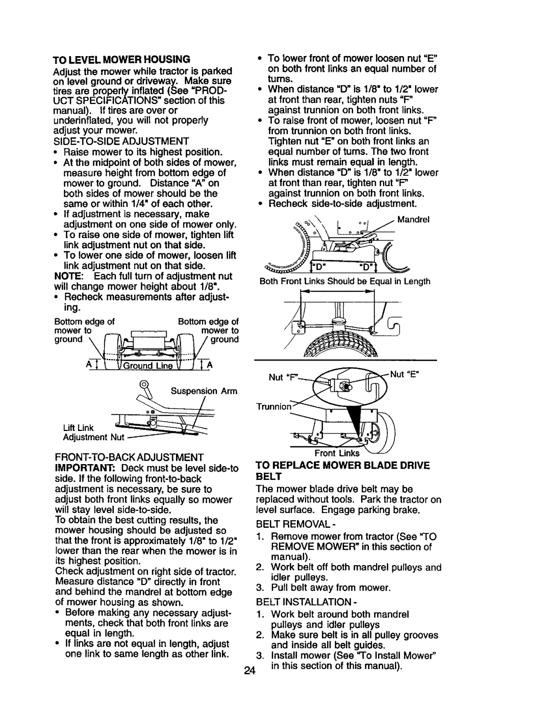 Craftsman 917.2720601 manual To Level Mower Housing, SIDE-TO-SIDE Adjustment, FRONT-TO-BACK Adjustment, Belt Installation 