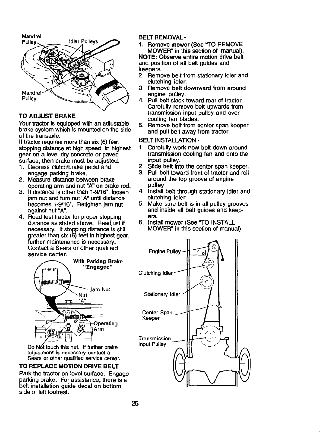 Craftsman 917.2720601 manual To Adjust Brake, With Parking Brake, Nut Jam Nut, To Replace Motion Drive Belt 