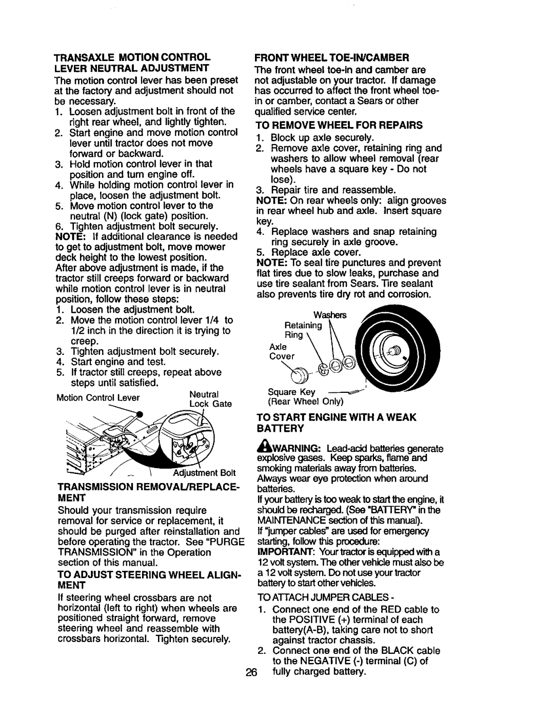 Craftsman 917.2720601 manual Transaxle Motion Control Lever Neutral Adjustment, Transmission REMOVAL/REPLACE- Ment 