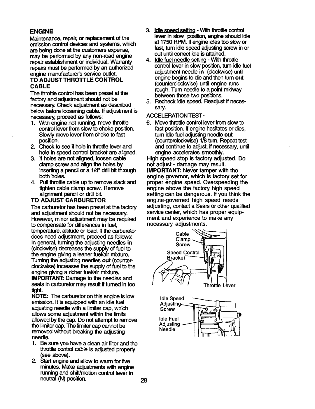 Craftsman 917.2720601 manual To Adjust Carburetor, Acceleration Test, Screw, Thr ttle Idle Speed AdjustingI 