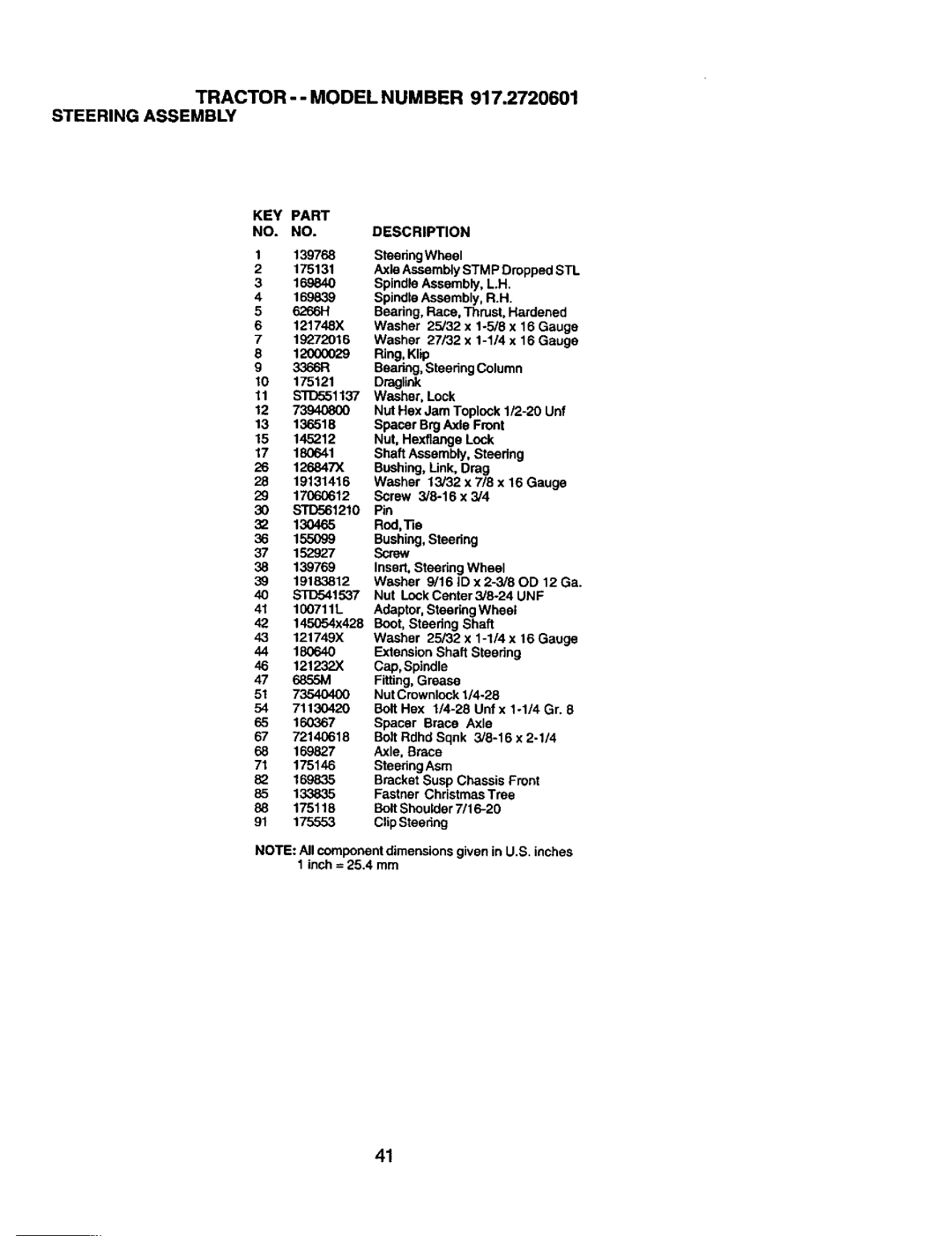 Craftsman manual Tractor - Model Number 917.2720601 Steering Assembly, KEY Part NO. NO. Description 