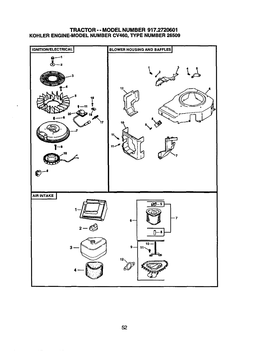 Craftsman 917.2720601 manual 3NITIONIELECTRICAL Blower Housing and Baffles AIR Intake 