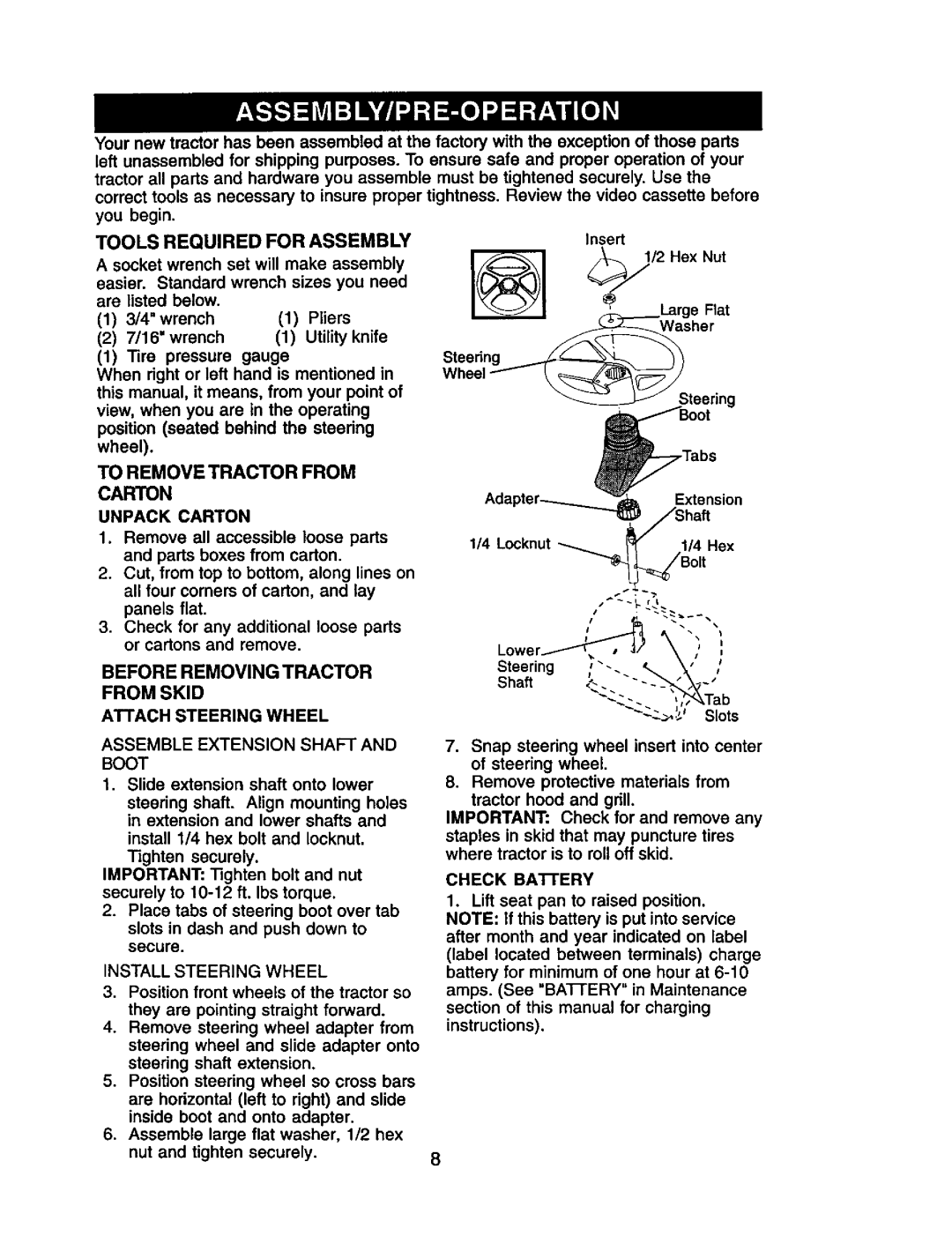 Craftsman 917.2720601 manual To Remove Tractor from Carton, Before Removing Tractor from Skid Attach Steering Wheel 