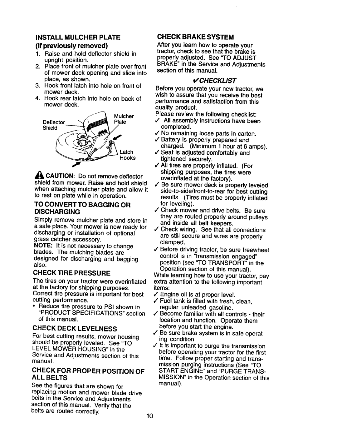 Craftsman 917.272068 owner manual Check Brake System 