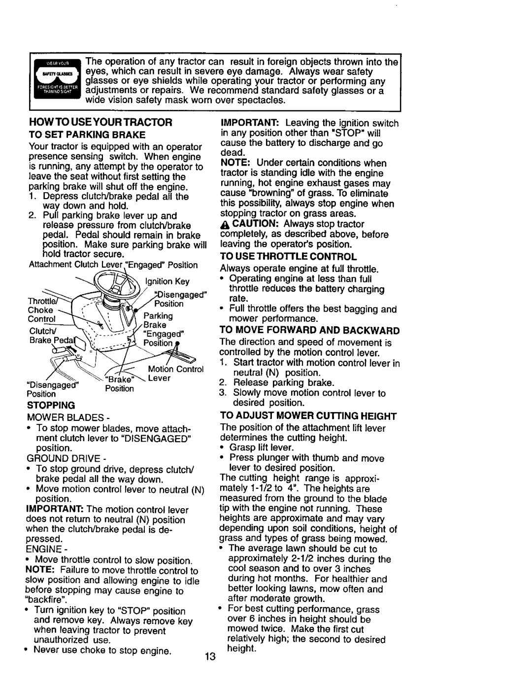 Craftsman 917.272068 owner manual HOW to USE Your Tractor To SET Parking Brake, Throttle, Contr Parking, Stopping 