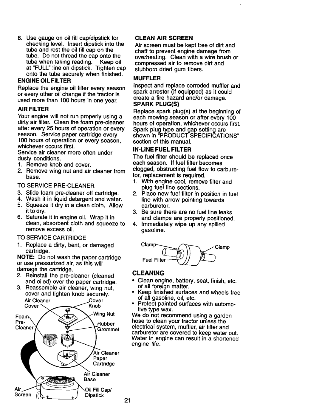 Craftsman 917.272068 Engine OIL Filter, AIR Filter, To Service PRE-CLEANER, Clean AIR Screen, Muffler, Spark Plugs 