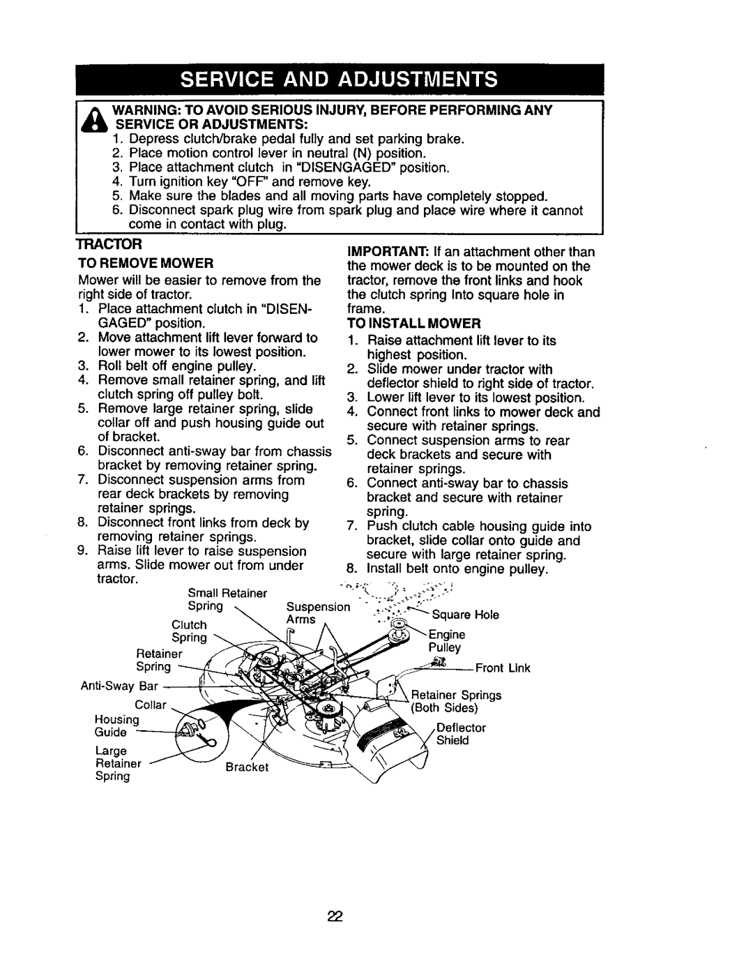 Craftsman 917.272068 owner manual Service or Adjustments, To Remove Mower, To Install Mower, Arms 