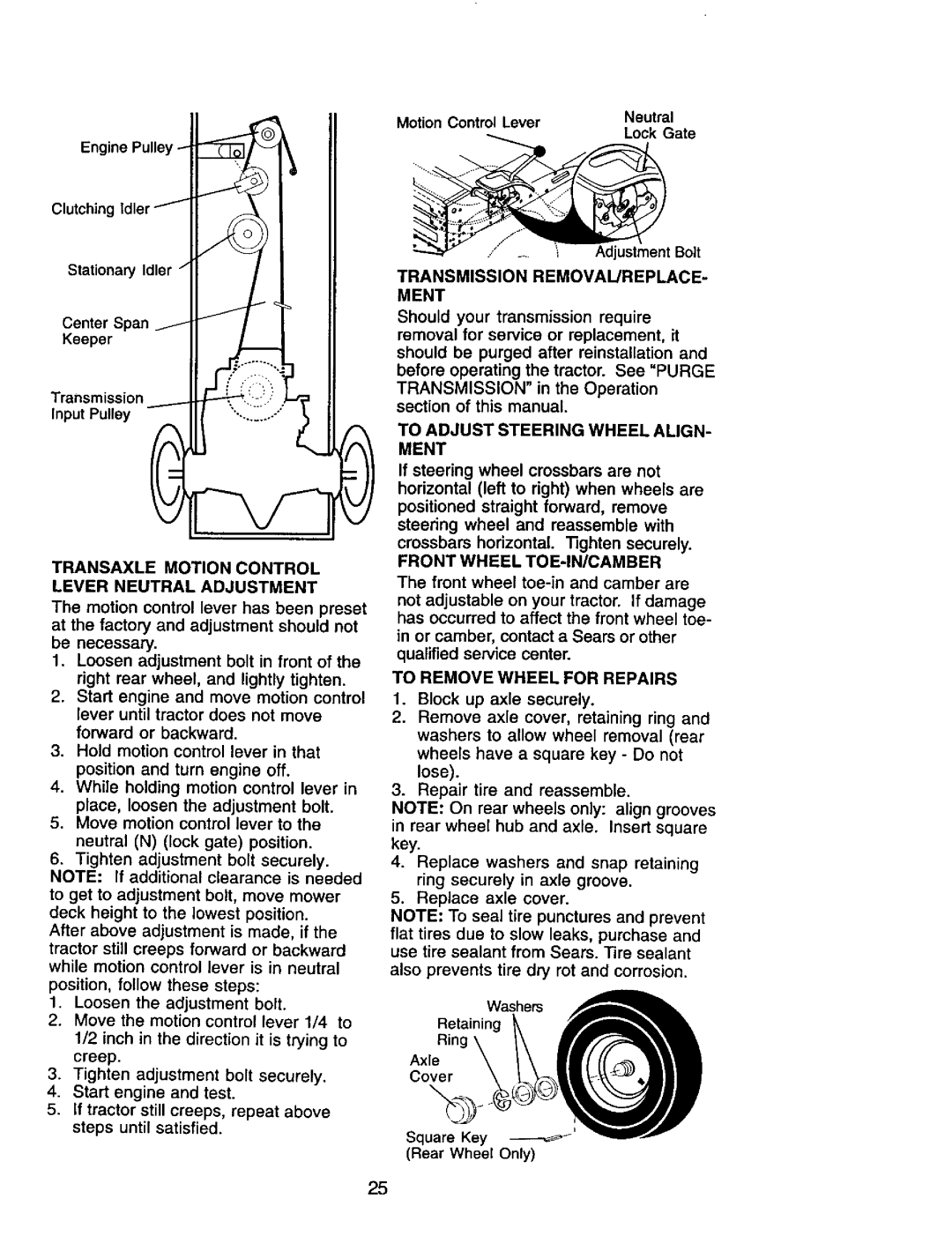 Craftsman 917.272068 owner manual To Adjust Steering Wheel ALIGN- Ment, Transaxle Motion Control Lever Neutral Adjustment 