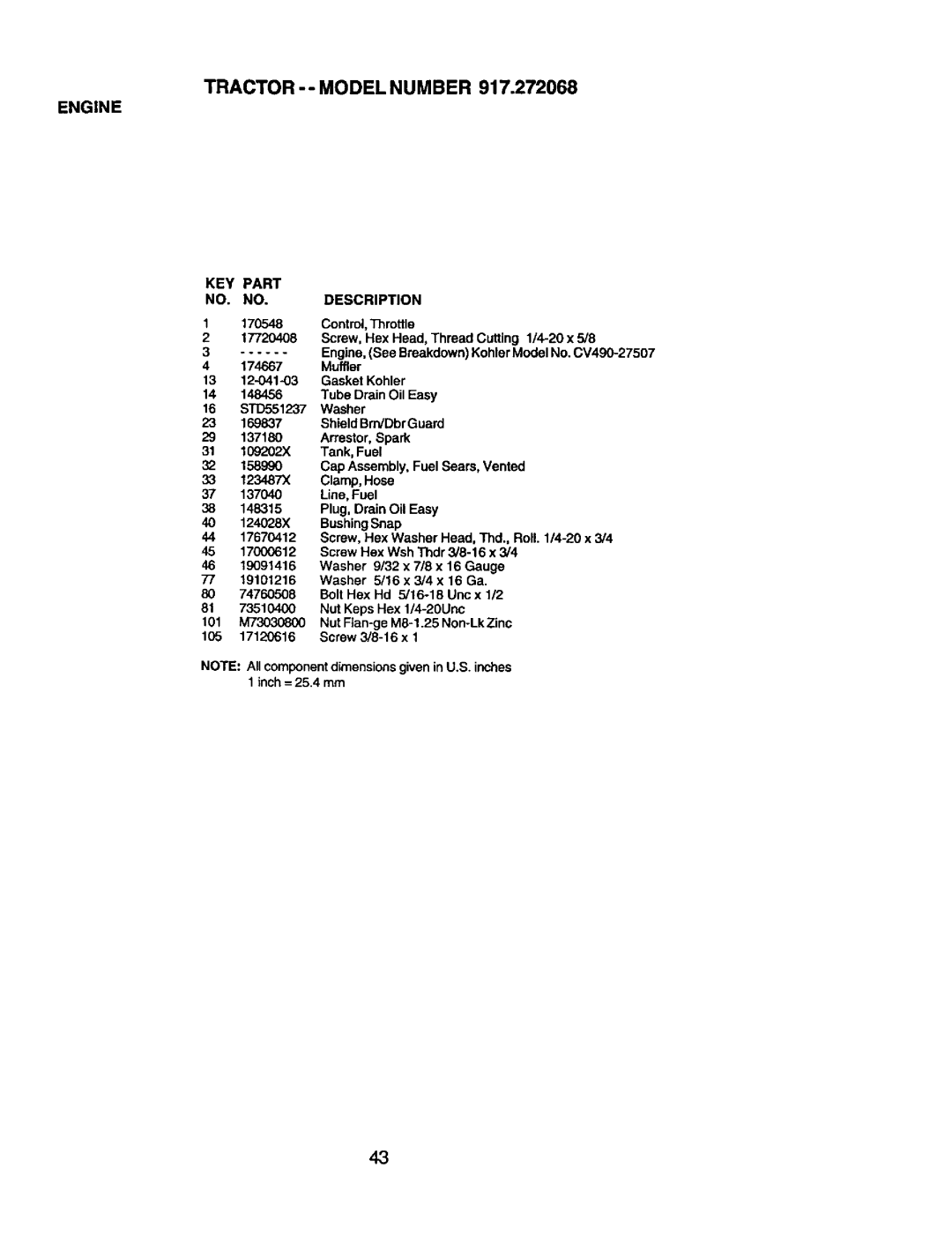 Craftsman 917.272068 owner manual Tractor -- Model Number Engine, KEY Part NO. NO. Description 